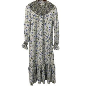 Zara Floral Maxi Dress Blue White Cottagecore Prairie Long Sleeve Ruffle Size S